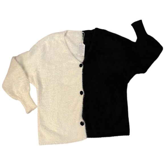 Black White Colorblock Fuzzy Cardigan Sweater Size XL Oversized Drop Shoulder - Picture 7 of 13
